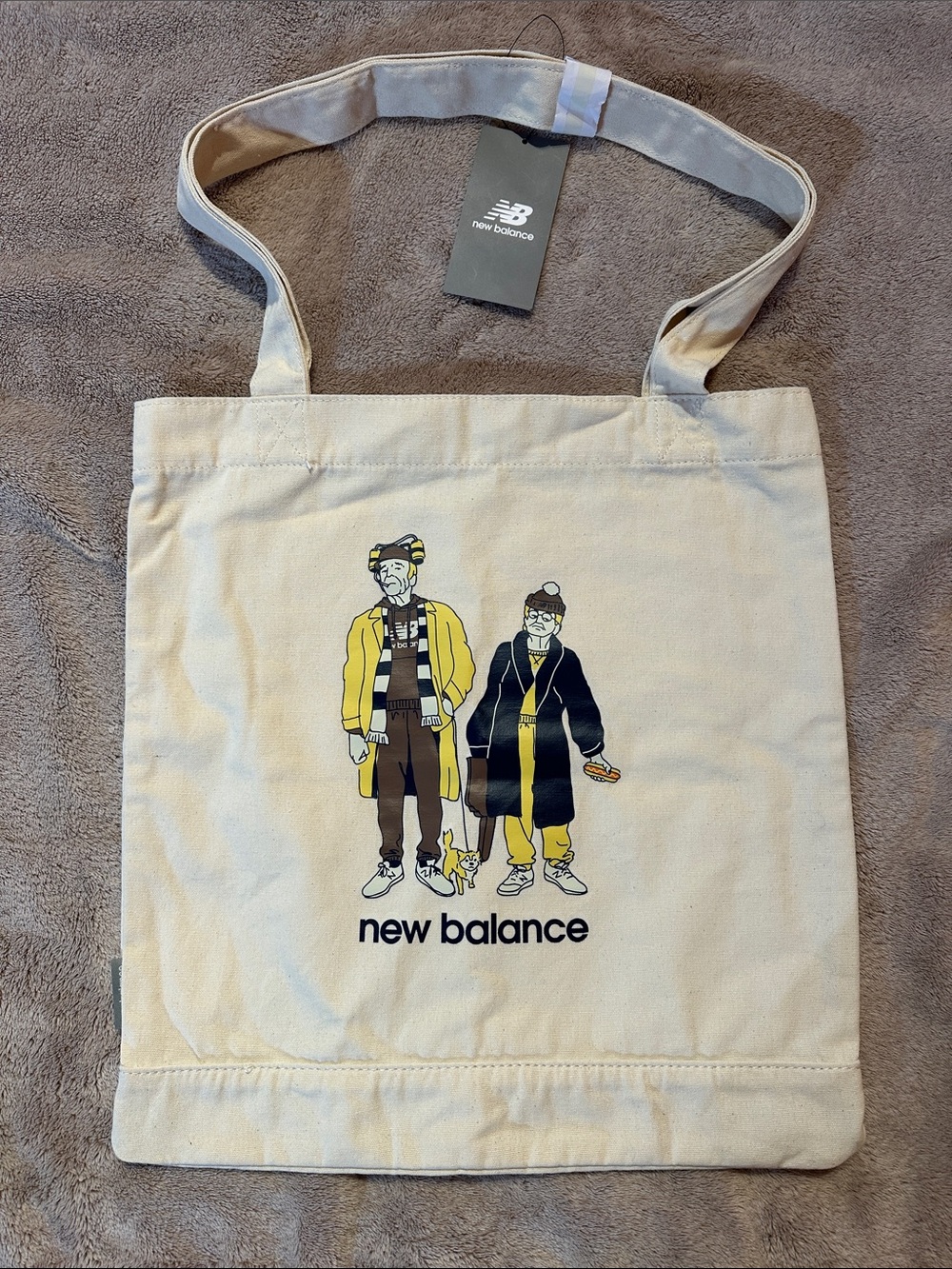 New Balance Beige Canvas Messenger Bag with Yellow & Black Graphic